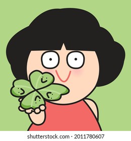 Cheerful Girl is Holding Four Leaf Clover Green Heart. Wishing Someone Luck With Four Leaf Clover Lucky Symbol Concept Card Character illustration