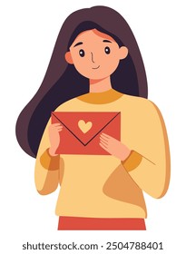 Cheerful Girl Holding Mail Envelope with Smiling Expression | Friendly and Engaging Design | Flat Vector Illustration