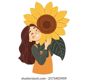Cheerful Girl Holding a Sunflower.Cute vector cartoon illustration for International Flower Day on white background.