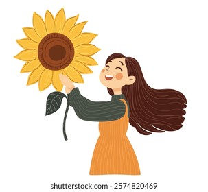 Cheerful Girl Holding a Sunflower.Cute vector cartoon illustration for International Flower Day on white background.	
