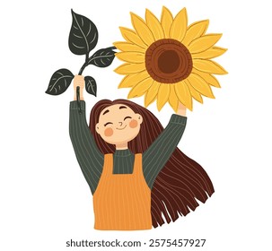 Cheerful Girl Holding a Sunflower.Cute vector cartoon illustration for International Flower Day on white background.	
