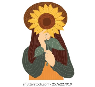 Cheerful Girl Holding a Sunflower.Cute vector cartoon illustration for International Flower Day on white background.	
