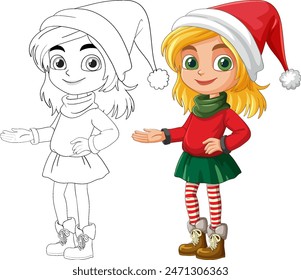 Cheerful girl in holiday attire and Santa hat