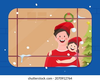 Cheerful Girl Hugging To Her Father With Wear Santa Cap, Xmas Tree On Blue And Brown Background For Merry Christmas Concept.