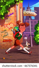 the cheerful girl hurries in school she has a school bag (backpack). The bag is full school supplies. Near her her dog runs
