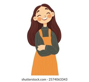 Cheerful Girl Illustration with Crossed Arms.Cute vector cartoon illustration for woman Day on white background.