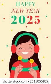 Garota alegre comemorando alegremente a chegada do ano novo 2025 com felicidade e diversão. Cartão vetorial de saudação