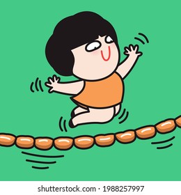 Cheerful Girl Is Jumping On A Skipping Rope That Made From Sausages Concept Card Character illustration