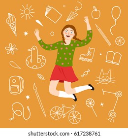 Cheerful girl jumping and smiling. Including kid's stuff doodle elements on background. Cartoon illustration about happy childhood for your design.