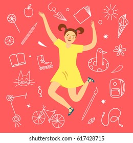 Cheerful girl jumping and smiling. Including kid's stuff doodle elements on background. Cartoon illustration about happy childhood for your design.