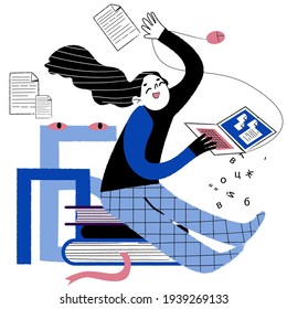 
Cheerful girl with laptop sitting on books. Vector illustration.