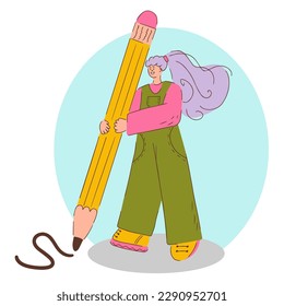 A cheerful girl with a large pencil draws on the floor. Student with a pencil. Flat illustration in flat style. Vector