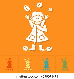 Cheerful Girl with Leaves. Single Flat Autumn Icon . Simple and Minimalistic Style. Vector