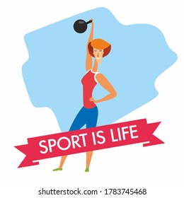 Cheerful girl lifts sports weights. The inscription Sport is life