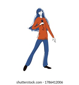 A cheerful girl with long hair says something or sings into a microphone. The figure of a woman in full growth. The isolated image on a white background. Cartoon, flat vector illustration.