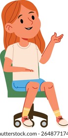 A cheerful girl with long hair sits on a swivel chair, gesturing with her hand. The young female character wears casual clothes and appears engaged in conversation. Cartoon vector illustration.