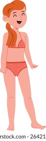 A cheerful girl with long hair wearing a polka dot bikini in a flat cartoon style. The character stands happily with a joyful expression and relaxed posture. Cartoon vector illustration.