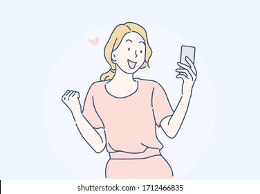 Cheerful girl is looking at her mobile phone, she is joyful. Hand drawn in thin line style, vector illustrations.