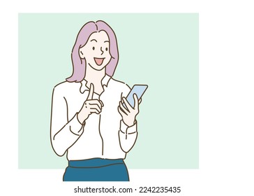 La chica alegre está mirando su teléfono móvil, está sorprendida y alegre. Dibujado a mano en estilo de línea delgada, ilustraciones vectoriales.