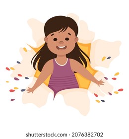 Cheerful Girl Looking Through Torn Paper Hole with Confetti Explosion Vector Illustration