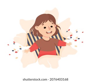 Cheerful Girl Looking Through Torn Paper Hole with Confetti Explosion Vector Illustration