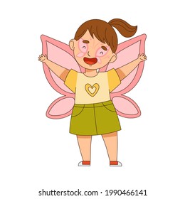 Cheerful Girl in Masquerade Costume of Butterfly and with Face Painting Engaged in Festive Celebration Vector Illustration