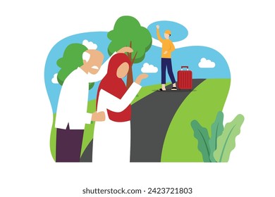Cheerful girl meeting her grandmother. Happy family celebrating Eid mubarak flat 2d vector illustration