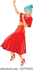 Cheerful girl in midi skirt and crop top of red color, no face.