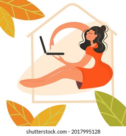 A cheerful girl with a notebook works, actively pressing the buttons. Comfortable work and study at home. Vector composition with autumn leaves for the beginning of the school year. Flat design.