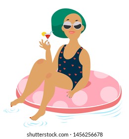 cheerful girl on the inflatable circle with a cocktail in hand. vector illustration on white background
