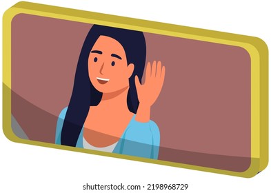 Cheerful Girl On Smartphone Screen, Video Call Icon. Young Woman Waving Hello With Hand On Phone Display. Concept Of Online Conversation, Talk Online, Chat, Conference, Meeting, Video Communication