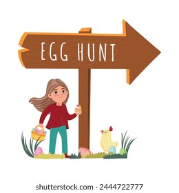 Cheerful girl, one hand holding a painted egg, the other clutching a basket brimming with colorful eggs, stands beside an Egg Hunt shield. A cute chick walking alongside her
