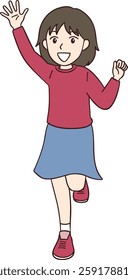 Cheerful girl with one hand raised and a smile on her face