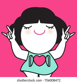 Cheerful Girl With An Open Door to Hot Pink Heart While Showing Her Love Hand Sign Concept Card Character illustration