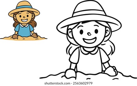 A cheerful girl in a Panama hat playing in the sand, smiling and enjoying the beach, with waves in the background. A fun and relaxing scene perfect for coloring.