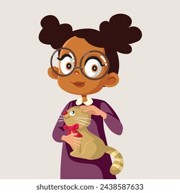 
Cheerful Girl Petting her Cat Vector Cartoon Illustration. Happy child adopting an animal exercising affection and care 
