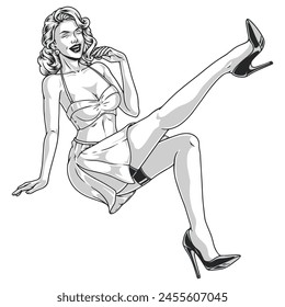 Alegre chica pin-up pegatina monocromo sentado de la pierna de elevación mientras se ríe vestido con falda corta y Ilustración vectorial de sujetador