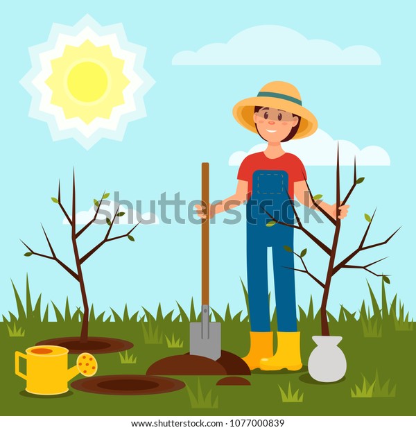 Cheerful girl planting tree. Young woman working in garden. Blue sky and bright sun. Natural landscape. Flat vector design