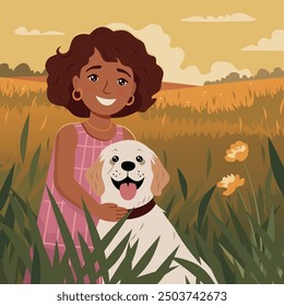 Cheerful girl playing with her dog on a sunny meadow surrounded by tall grass and flowers. Vector illustration.