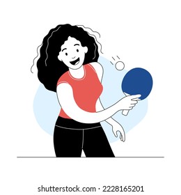 Cheerful girl playing table tennis with racket and ball. Professional ping pong female player. Healthy lifestyle, sports activity cartoon thin line vector illustration