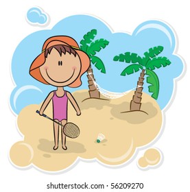 Cheerful girl plays badminton on the beach