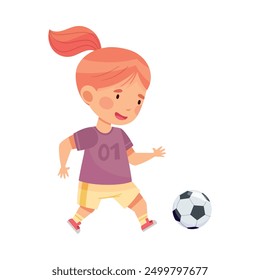 Cheerful Girl with Ponytail in Sports Shirt and Shorts Playing Football Passing Ball with Her Foot Vector Illustration