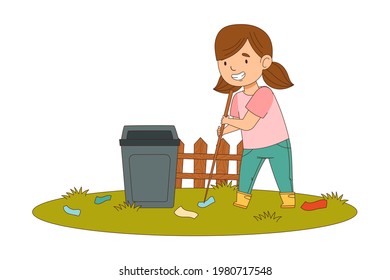 Cheerful Girl with Ponytails Enjoying Spring Season Engaged in Litter Pick Gathering Rubbish with Stick Vector Illustration