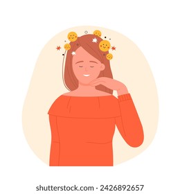 Chica alegre con pensamiento positivo. Personalidad optimista, pensamientos positivos ilustración vectorial de dibujos animados