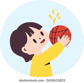 A cheerful girl pretending to dunk a basketball-shaped object, ideal for sports-themed, playtime, or kids' imaginative scenes.