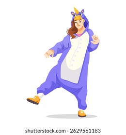 Cheerful girl in a purple unicorn onesie dancing playfully, cartoon style on white background. Concept of fun, costume, humor. Vector illustration