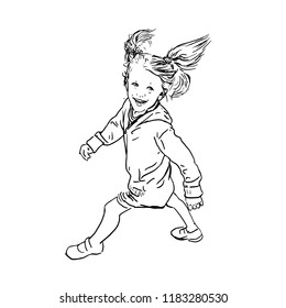 cheerful girl quickly goes to kindergarten, vector illustration