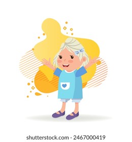Cheerful girl raising hands greeting someone. Little kid with bow and in blue dress. Childhood concept. Vector illustration can be used for topics like daughter, greeting, gesturing