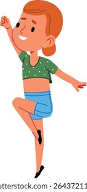 A cheerful girl with red hair dances energetically in a playful pose. She wears a polka dot top and blue shorts, expressing joy and movement. Cartoon vector illustration.