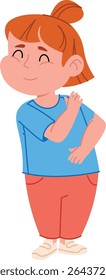 A cheerful girl with red hair tied up, wearing a blue shirt and red pants in a playful pose. The young character displays a joyful expression and relaxed stance. Cartoon vector illustration.